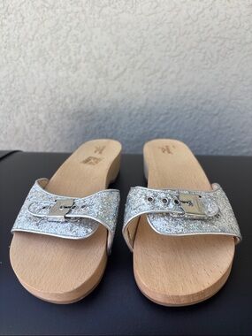 Dr. Scholl's Silver Glitter Buckle Slide Mules